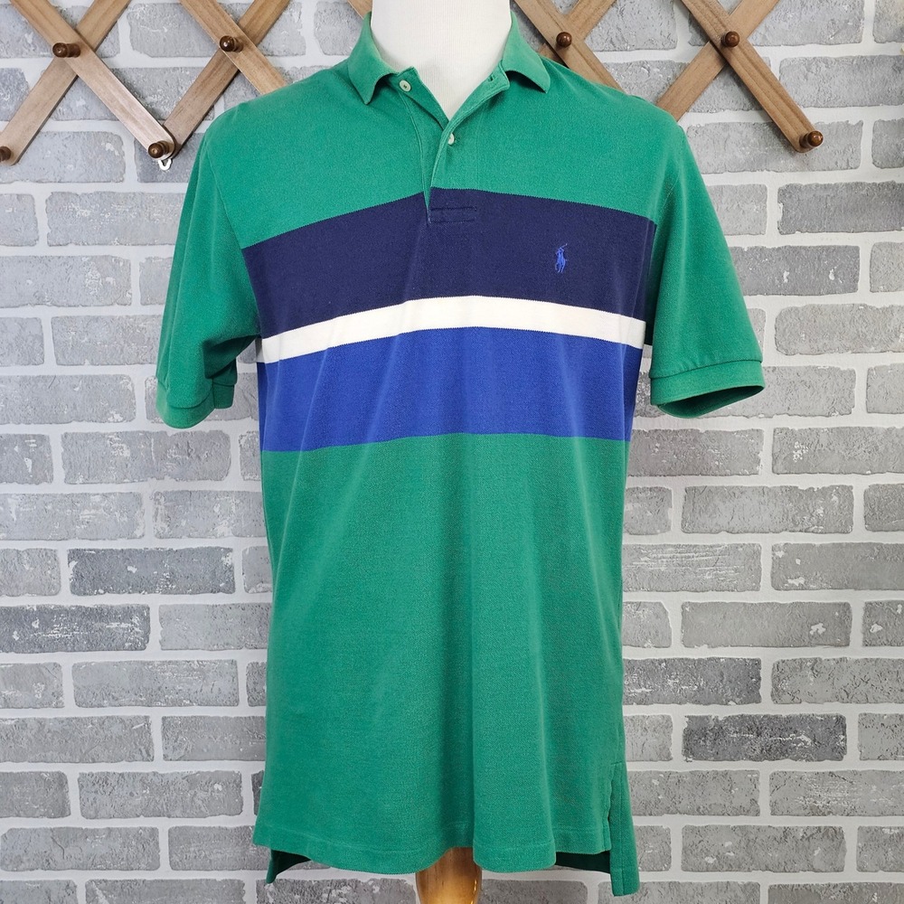 Polo Ralph Lauren Mens Large Green Colorblock‎ Stripe Cotton Polo Shirt Preppy